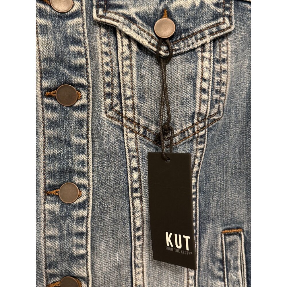 NWT Kut From The Kloth Womens Distressed Blue Denim Jacket S Classic Button Fron - Picture 4 of 12